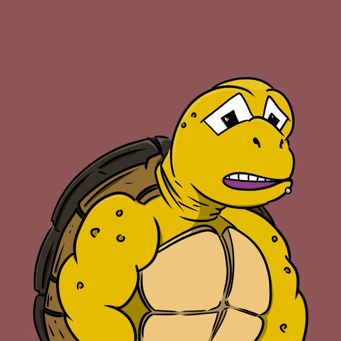 A cartoon illustration of a muscular yellow turtle character with a brown shell, drawn in a comic art style with thick outlines, smiling with one visible tooth against a solid maroon background.