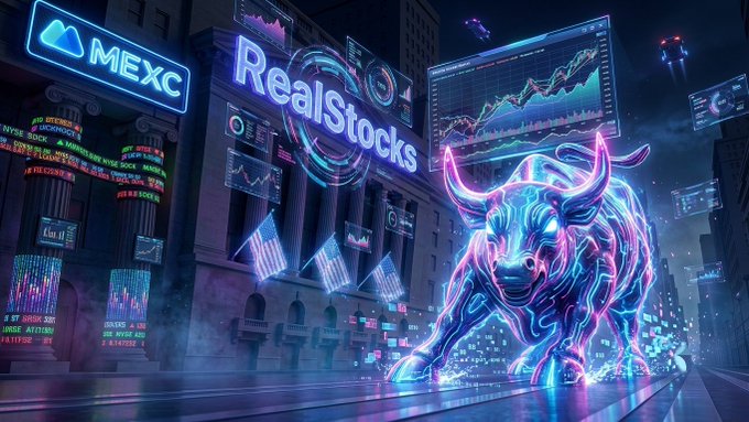 A vibrant neon-lit promotional graphic featuring a glowing bull statue with 'MEXC' and 'RealStocks' branding in a cyberpunk-style cityscape, with stock charts displayed on building facades and skyscrapers in the background.