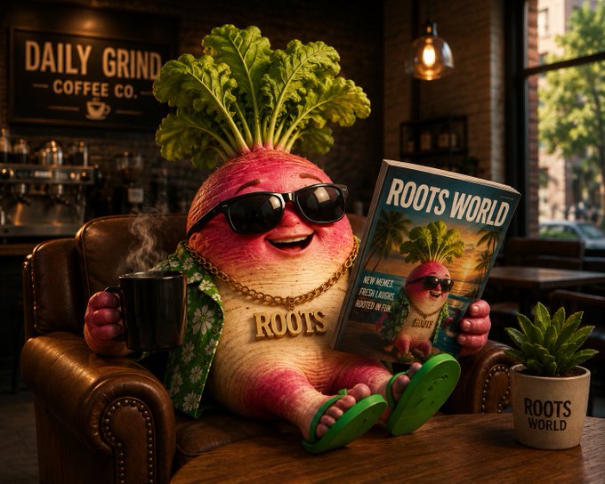 An anthropomorphic beet character wearing sunglasses, a Hawaiian shirt, and a "ROOTS" chain lounges in a coffee shop reading a "ROOTS WORLD" magazine next to a "DAILY GRIND COFFEE CO." sign.