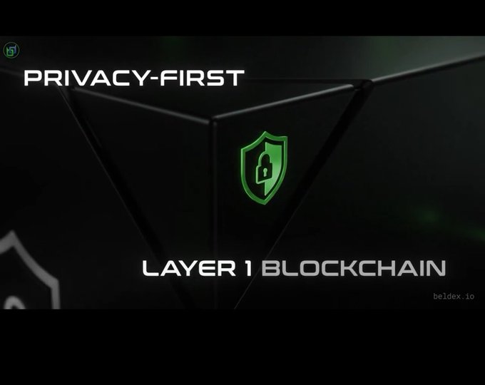 A dark promotional graphic for Beldex features a green shield-and-padlock icon alongside the text 'PRIVACY-FIRST' and 'LAYER 1 BLOCKCHAIN', with 'beldex.io' visible in the corner.