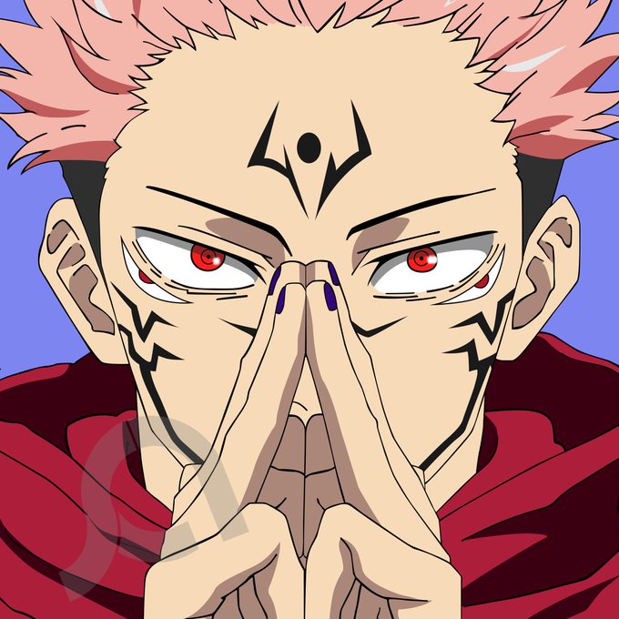 An anime character with pink hair, red eyes, and black facial markings holds his hands together in a prayer-like gesture while wearing a red hooded garment.