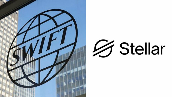 A split image showing the SWIFT logo on a glass building window on the left and the Stellar cryptocurrency logo on the right.