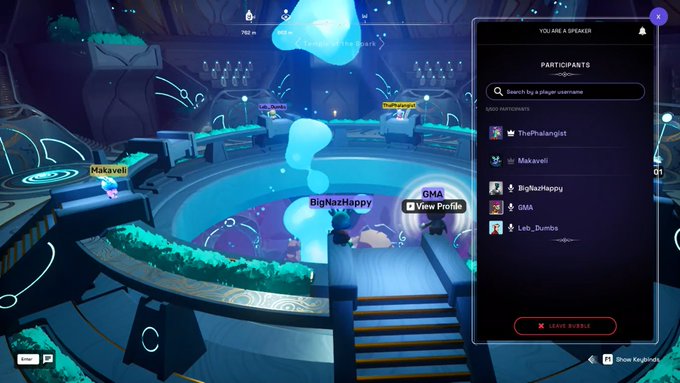 A screenshot from a virtual social gaming platform showing a speaker bubble interface with participant names like Makaveli, BigNazHappy, QMA, and ThePhalangist in a futuristic neon-lit arena.