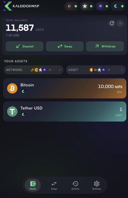 Screenshot of the KaleidoSwap wallet interface showing a total balance of 11,587 SATS (7.30 USD) with assets including 10,000 sats of Bitcoin and 1 USDT, and navigation tabs for Wallet, Swap, Activity, and Settings.