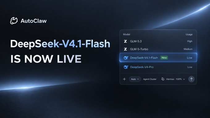 A promotional graphic announces "DeepSeek-V4.1-Flash IS NOW LIVE" on the AutoClaw platform, displaying a model selection menu featuring GLM-5.3 (High), GLM-5-Turbo (Medium), the highlighted new DeepSeek-V4.1-Flash (Low), and DeepSeek-V4-Pro (Low). The image visually reinforces the post's claim of a free, limited-time offering for the newly launched DeepSeek V4.1-Flash model with 50 million tokens available for vibe coding, agent workflows, and long-context tasks.