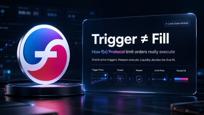 The image shows a digital display panel featuring a glowing red and blue "F" logo alongside the text "Trigger ≠ Fill," with a subtitle explaining "How f(x) Protocol limit orders really execute" and a tagline stating "Oracle price triggers. Keepers execute. Liquidity decides the final fill." Below this, a flow diagram illustrates the order process through stages labeled "Trigger Price," "Oracle," "Keeper," "Limit Price," and "Partial Fill," visually reinforcing the post's key point that hitting a trigger price merely authorizes execution, while the final fill depends on the limit price and available liquidity.