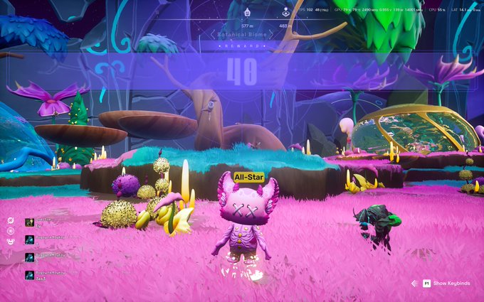 A screenshot from a video game showing a small purple creature with cat-like ears labeled 'All-Star' standing in a vibrant, surreal landscape with pink grass, giant flowers, and a countdown timer showing '40' under 'Batashoal Slome'.