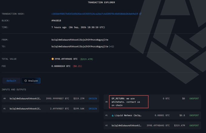 A blockchain transaction explorer page showing a Bitcoin transaction with hash c103de... from 7 hours ago with an OP_RETURN message reading 'we are whitehats, contact us on chain' highlighted in red.