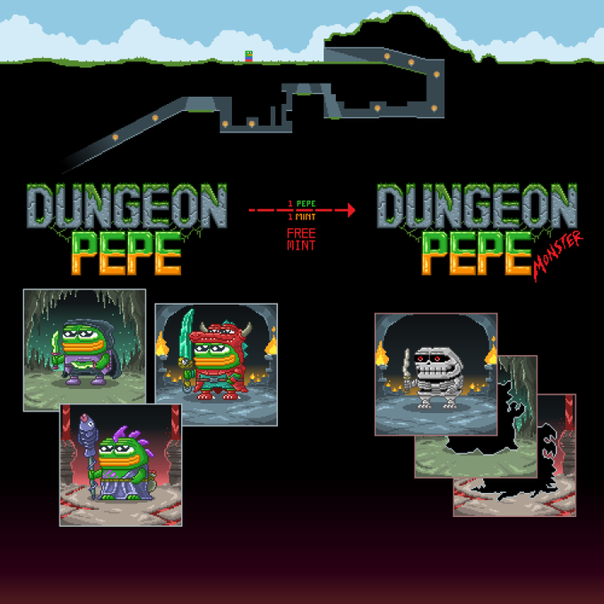 A pixel art graphic advertises 'Dungeon Pepe' and 'Dungeon Pepe Monster' NFTs, showing a conversion of 1 Pepe to 1 Mint for free.