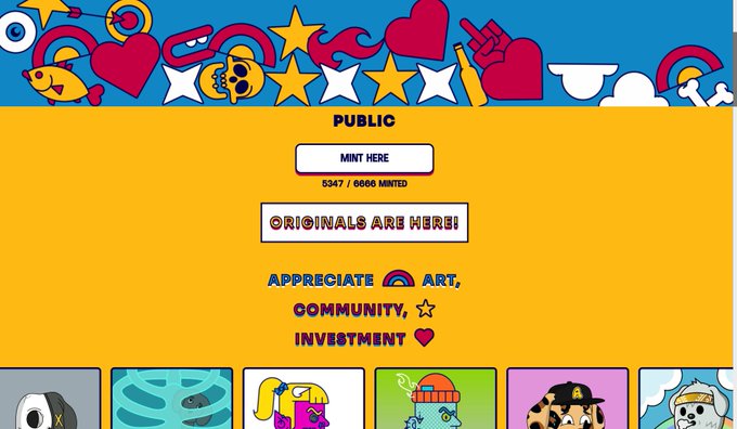 The image features an advertisement for an art project called "Originals Are NFT" with a yellow background, featuring various illustrations of people and objects such as hearts, stars, and bones. The text at the bottom of the image reads "Just minted my ORIGINALS NFT and honestly, this fits the whole BE ORIGINL campaign perfectly the art feels loud, chaotic, colorful, a little random but somehow still connected in its own way that's probably why APE culture has always stood out to me @Appreciators_IO". The image is related to the post because it showcases the artwork and the concept behind it.