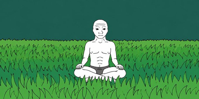 A pale, stylized Wojak figure meditates peacefully in a grassy field beneath a dark sky, embodying the zen-like patience the poster describes as they wait for the $WOJAK market to catch up to the community's established cultural presence.