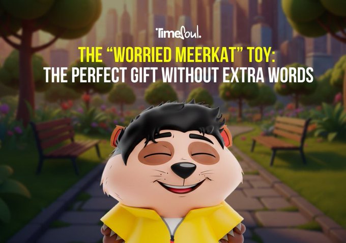 A promotional graphic for a 'Worried Meerkat' toy by TimeOut, featuring a smiling cartoon meerkat character with the text 'THE PERFECT GIFT WITHOUT EXTRA WORDS'.