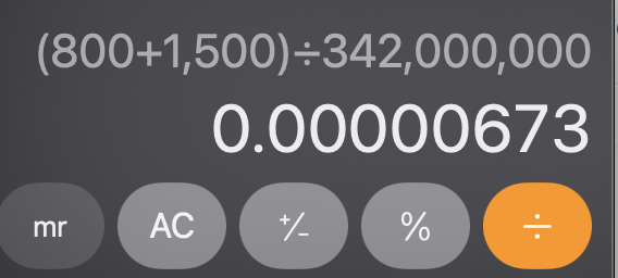 A dark-mode calculator app displays the equation (800+1,500)÷342,000,000 with a result of 0.00000673.
