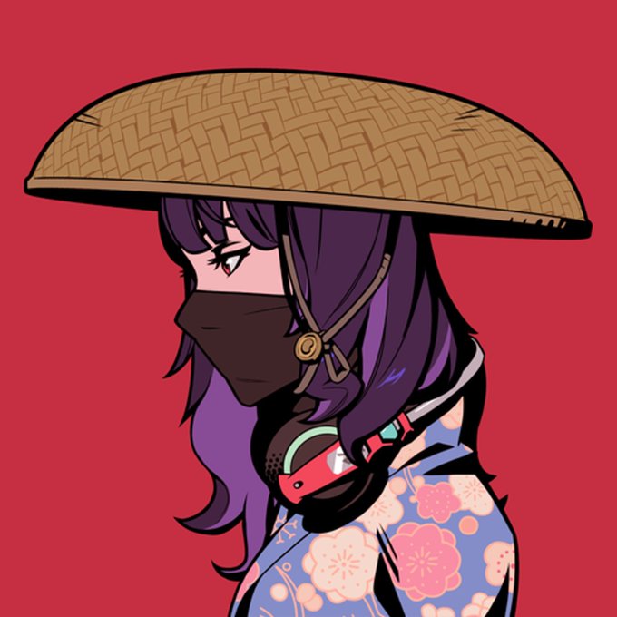 A digital anime-style illustration of a purple-haired character wearing a wide woven straw hat and a face mask, dressed in a floral kimono, set against a solid red background.