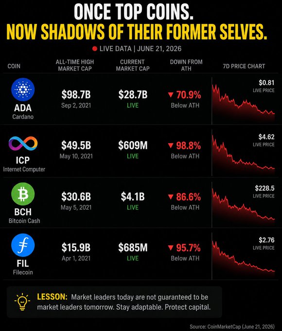 "The once top coins now have a low market capitalization, with only $ADA above its all time high of $90B. The cryptocurrency known as ICP was also listed among these top coins, but currently sits at just over half its initial valuation of $50B."