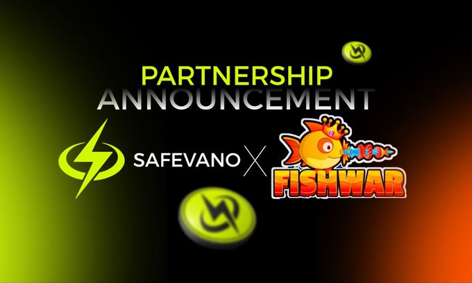 A partnership announcement graphic on a dark gradient background featuring the 'SAFEvANO' lightning bolt logo alongside the 'FISHWAR' logo with a cartoon goldfish character.