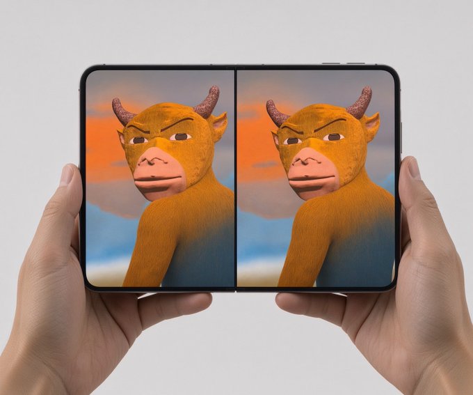 Two hands hold a foldable smartphone open, displaying an identical 3D-rendered orange creature with horns against a sunset sky on both halves of the screen, creating a seamless dual-display image.