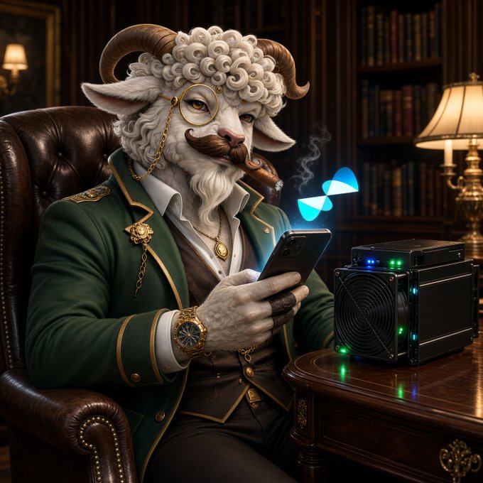 Fantasy illustration of an anthropomorphic ram character in Victorian attire smoking a pipe while using a smartphone, with the Uniswap logo floating above a crypto mining device.