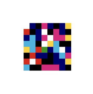 A colorful pixel art mosaic featuring various blocks of red, blue, yellow, pink, and white on a gray background.