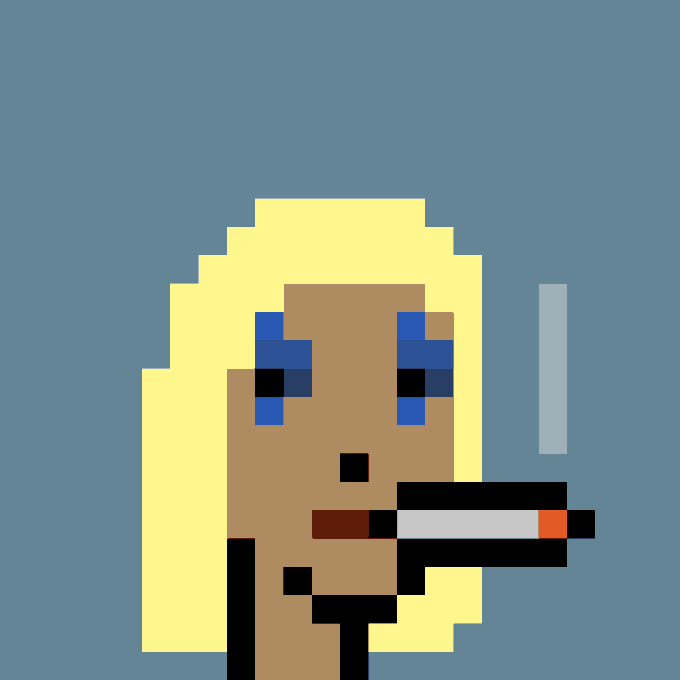 Pixel art depicting a blonde woman holding a cigarette, with stylized blue eyes and a red lip, set against a solid blue background.