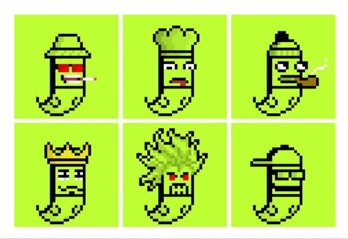 Six pixel-art green pill-shaped characters with various accessories (fedora, chef hat, beanie, crown, wild hair, and baseball cap) are displayed on green backgrounds, likely representing the giveaway winners mentioned in the post.