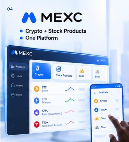 A promotional advertisement for MEXC featuring their logo and listing features 'Crypto + Stock Products' and 'One Platform,' showing trading interfaces on desktop and mobile with assets like BTC, ETH, AAPL, and TSLA.