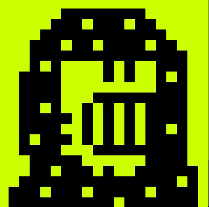 A 20x20 pixel art hooded figure rendered in high-contrast black and neon yellow-green, featuring blocky, low-resolution design elements characteristic of on-chain NFT art from the OnChainHoodies collection on Robinhood.