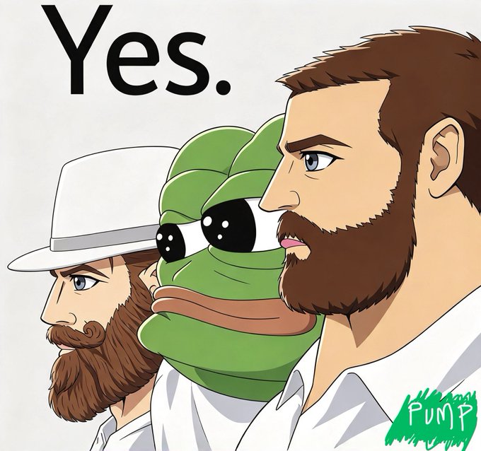 An illustration of a green frog sandwiched between two bearded men in profile, with the text 'Yes.' at the top left and 'PUMP' at the bottom right.