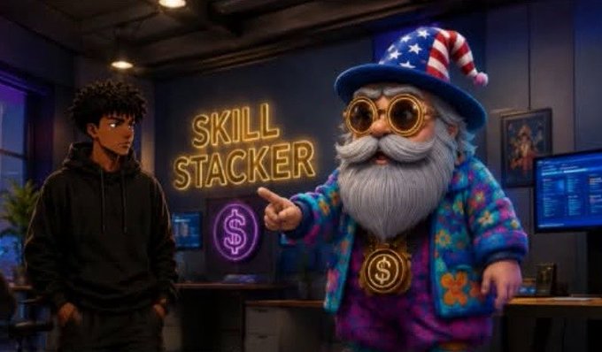 A digital illustration shows a young Black man in a hoodie facing a quirky Uncle Sam-like character in a colorful floral shirt, with a neon 'SKILL STACKER' sign in the background.