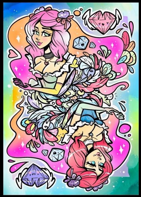 A colorful anime-style illustration featuring a pink-haired anime girl with flowers, feathers, and decorative gems on a vibrant background.