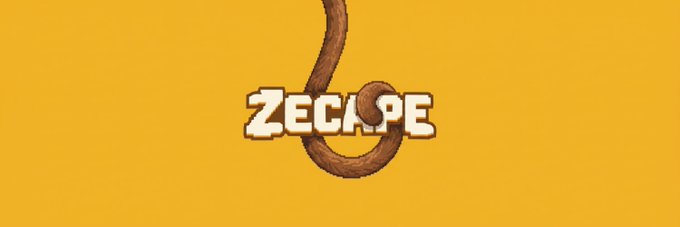 The image displays a pixel-art logo reading "ZECAPE" in white blocky letters, intertwined with a brown rope-like tail, set against a solid yellow background—serving as branding for the ZecApe NFT mint promotion highlighted in the post.