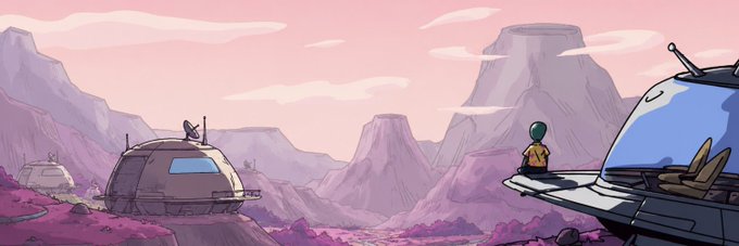 An illustrated sci-fi scene depicts a small figure standing on a spaceship wing, looking out over a pink and purple alien landscape with domed habitats and rocky mesas.