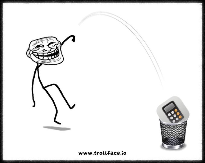 A cartoon trollface character throwing an object into a trash can, with the website "www.trollface.io" displayed at the bottom.