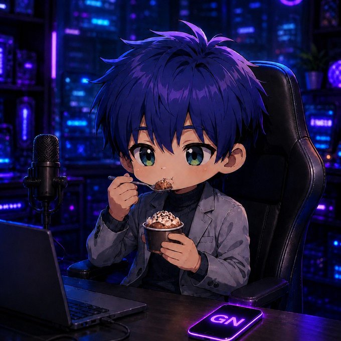 An anime-style illustration of a blue-haired character eating a dessert from a cup with a spoon in a neon-lit cyberpunk setting, with a 'GN' glowing phone on the desk next to a laptop and microphone.