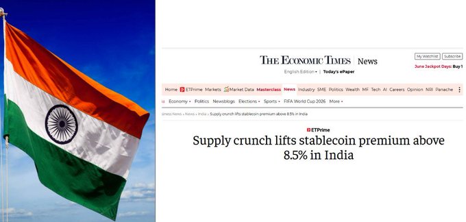 Composite image showing the Indian flag alongside an Economic Times headline reading 'Supply crunch lifts stablecoin premium above 8.5% in India'.
