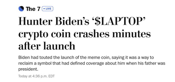 The image is a headline from "The 7 LIVE" reading "Hunter Biden's '$LAPTOP' crypto coin crashes minutes after launch," with subtext noting Biden framed the meme coin as reclaiming a symbol from coverage during his father's presidency. The post contrasts Biden's failed coin launch with Trump's more popular launch, criticizing Biden's choice to launch on Base rather than Robinhood and dismissing the coin as a poor investment.