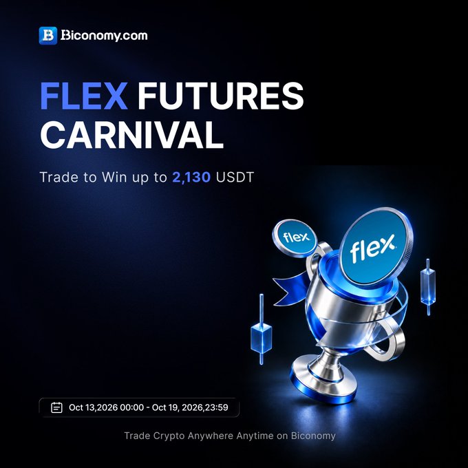 A promotional graphic for Biconomy.com's 'FLEX FUTURES CARNIVAL' offering a chance to win up to 2,130 USDT, featuring a 3D trophy with 'flex' badges, and event dates from Oct 13, 2026 to Oct 19, 2026.