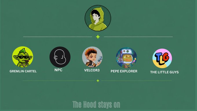 A collection display featuring five NFT-style avatars labeled 'GREMLIN CARTEL', 'NPC', 'VELCOR3', 'PEPE EXPLORER', and 'THE LITTLE GUYS', with a hooded character at the top and the phrase 'The Hood stays on' at the bottom.