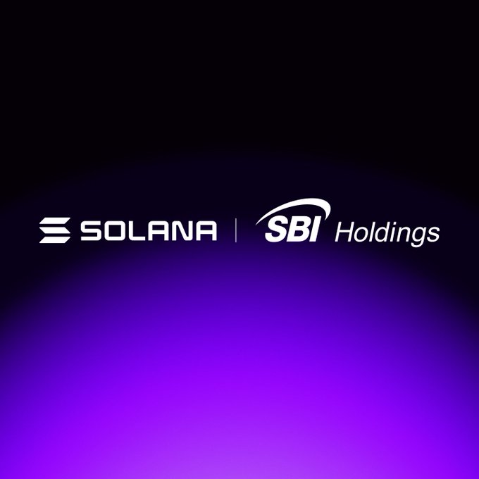 The image displays the logos of "SOLANA" and "SBI Holdings" side by-side on a purple gradient background, suggesting a partnership between the two. This contrasts with the post's mention of XRP, implying that SBI Holdings may also be collaborating with Solana, not just building on XRP.