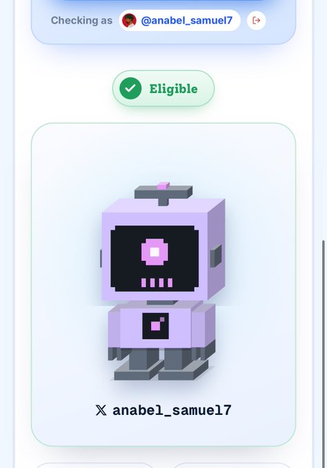 A digital interface shows an eligibility check for user @anabel_samuel7, displaying an "Eligible" badge above a purple robot avatar labeled "X anabel_samuel7".