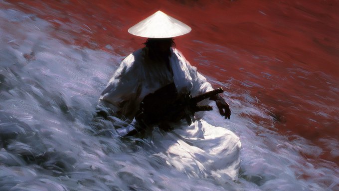 A digital painting depicting a solitary figure in traditional white robes and a conical hat, holding a black weapon, sitting amidst a swirling mass of white mist or water against a stark, blood-red background.