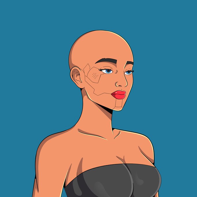A stylized illustration of a bald woman with a cybernetically-enhanced face against a blue background, representing one of the winning entries in the Aurelia Art Contest.