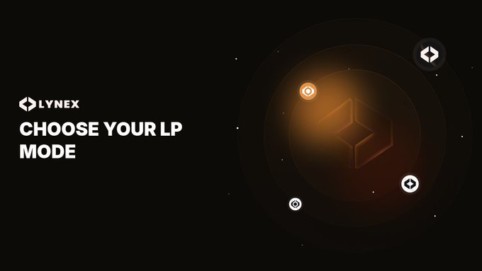 A promotional graphic for Lynex with the heading "CHOOSE YOUR LP MODE" alongside an orange glowing cube graphic featuring directional icons, illustrating the platform's option between Manual LP and Auto LP (ALMs) liquidity provision strategies.