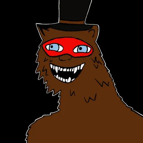 A digital drawing of a similar brown furry creature with a red mask, wide toothy grin, and blue eyes, wearing a small black top hat against a black background.