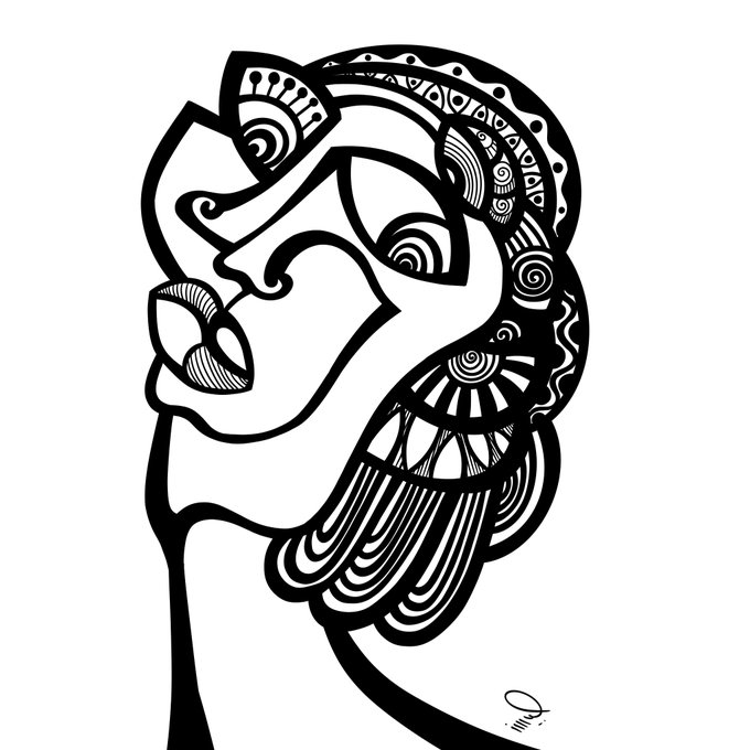 A black and white stylized line drawing of a lion's head in profile, featuring intricate tribal-like patterns and decorative swirls.