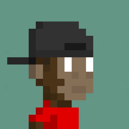 A pixel art illustration showing the profile of a character with dark skin, a black hat, and a red shirt against a teal background.