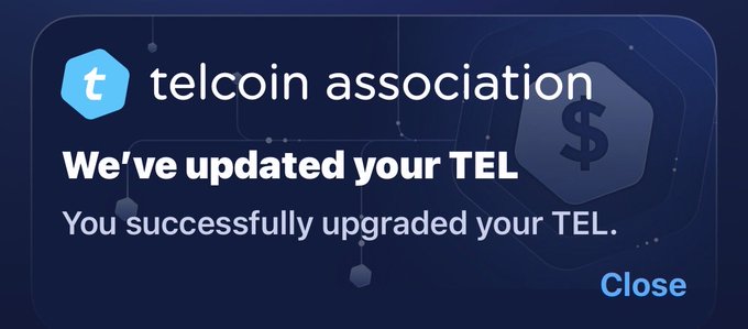A notification screen from 'telcoin association' stating 'We've updated your TEL' and 'You successfully upgraded your TEL.'