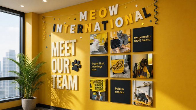 A vibrant yellow office wall displays "MEOW INTERNATIONAL" and "MEET OUR TEAM" in bold lettering, surrounded by a grid of photos featuring cats with text panels reading "My portfolio: 100% treats.", "Treats first, meetings later.", "Paid in snacks.", and "BINANCE BINANCE." The playful, feline-themed Binance branding ties directly into the post's contest inviting followers to share photos of their cats with something yellow.