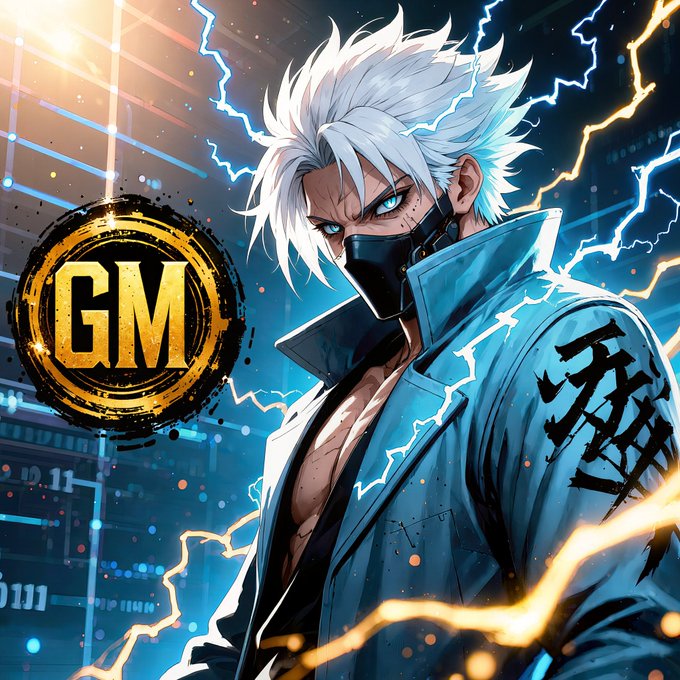 Anime-style artwork of a white-haired character wearing a blue jacket and face mask, surrounded by lightning effects, with a gold 'GM' logo stamp on the left.