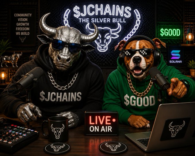 A stylized podcast scene featuring a bull wearing sunglasses and a dog wearing pixelated sunglasses, both in hoodies reading "$JCHAINS" and "$GOOD" respectively. A neon "$JCHAINS THE SILVER BULL" sign glows behind them, alongside Solana branding and a "LIVE ON AIR" sign.